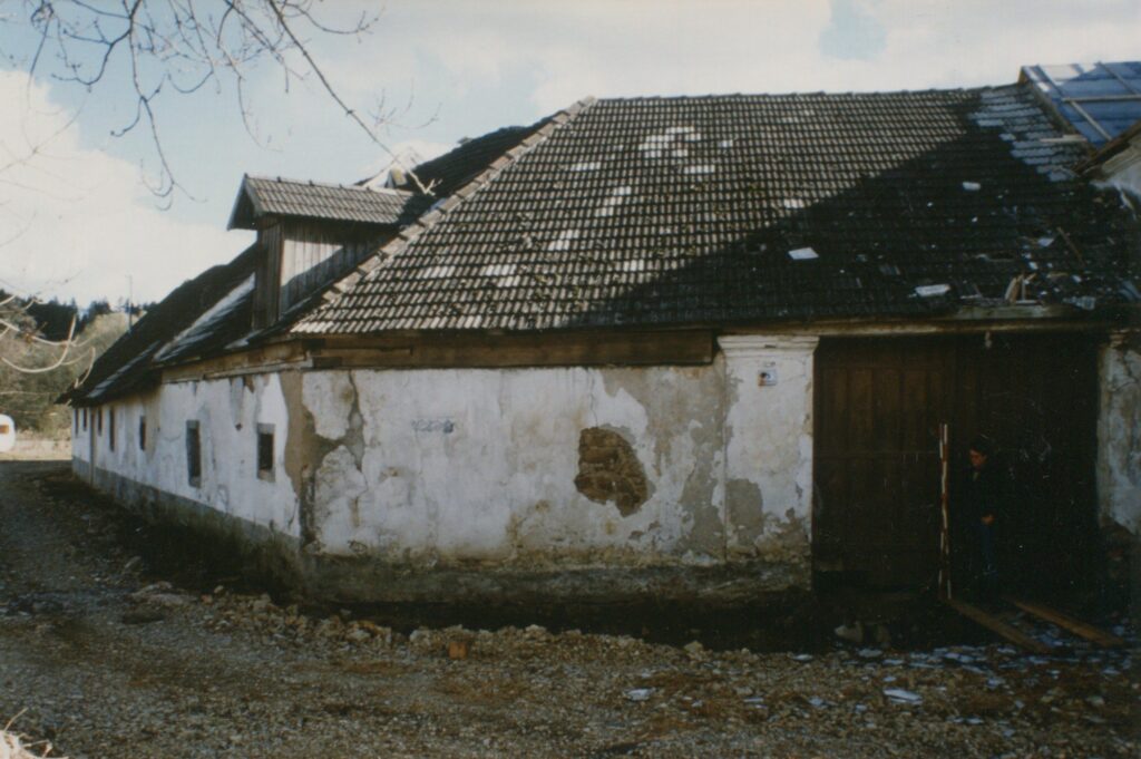 Die Mühle 1991, kurz nach dem Kauf: kaputtes Dach und altes Tor